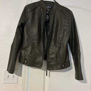NWT Blue B Collection Faux Leather Moto Round Collar Jacket - Large - Olive